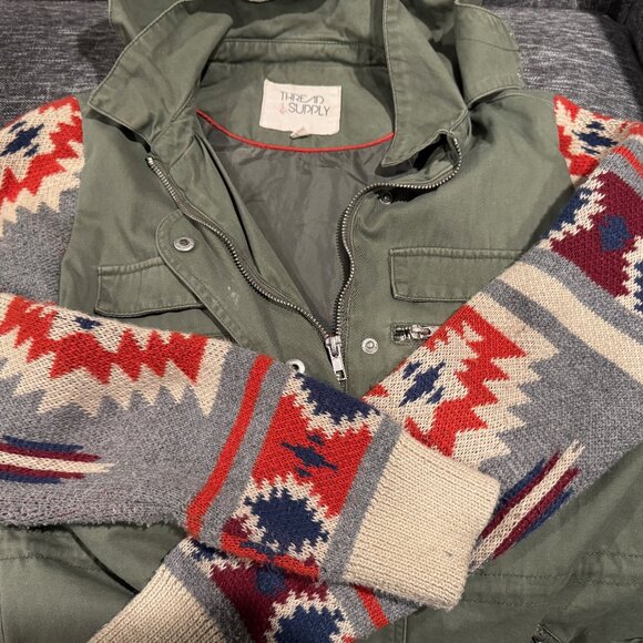 Thread & Supply Womens Hooded Jacket --Military Army Green Aztec --Size Small - Picture 2 of 5